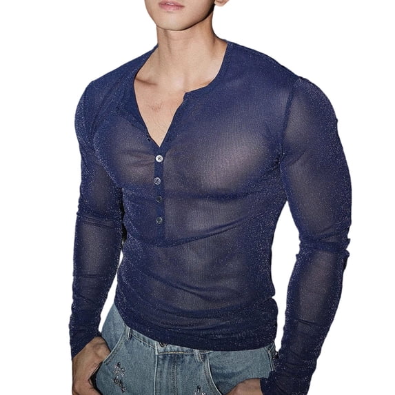 Kalauyu Mens Henley Shirts Sheer Mesh See Through Long Sleeve Button Up Blouse Slim Fit Solid Color Party Clubwear Tops