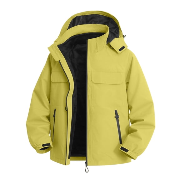 Kalauyu Mens Hood Windproof Rain Jacket Lined Drawstring with Multi Flap Pocket Water Resistant Hiking Daily Spring Fall Outdoor Coat Tops