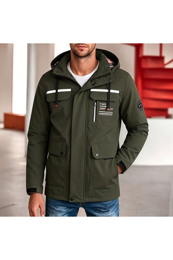 Mens Hooded Cargo Jacket Windproof Outerwear Top Adjustable Cuff with Multi Pocket Casual Solid Color Outdoor Active Jacket
