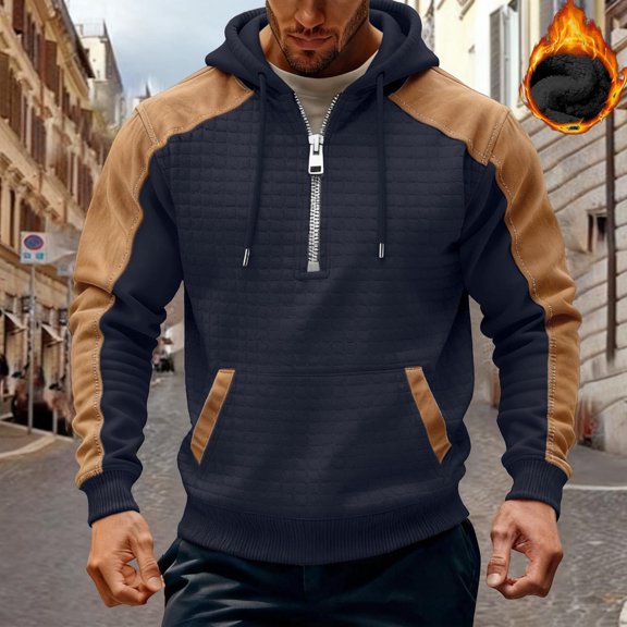 Kalauyu Mens Hoodies Fall Casual Waffle Textured Long Sleeve Half Zip Pullover Hooded Sweatshirts