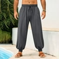 thumbnail image 1 of Kalauyu Mens Linen Yoga Pants Elastic Waist Drawstring Summer Beach Loose Fit Casual Tapered Trousers, 1 of 9