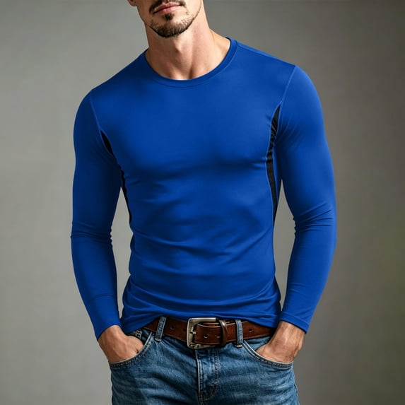 Kalauyu Mens Long Sleeve Compression Athletic Elastic Tight T Shirts Quick Dry Moisture Wicking Gym Sport Fitted Tops