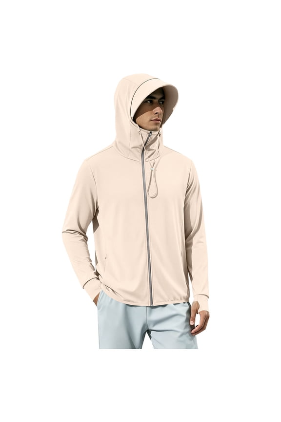 Mens Long Sleeve UPF 50+ Full Zip Hooded Sun Protection Jacket Built-In Visor Drawstring Lightweight Outdoor Athletic Coat