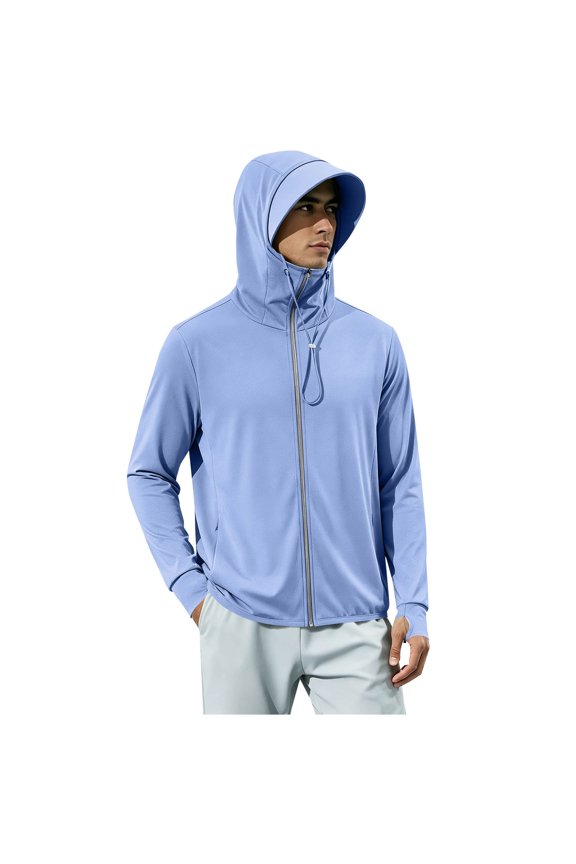 Mens Long Sleeve UPF 50+ Full Zip Hooded Sun Protection Jacket Built-In Visor Drawstring Lightweight Outdoor Athletic Coat