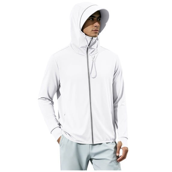 Kalauyu Mens Long Sleeve UPF 50+ Full Zip Hooded Sun Protection Jacket Built-In Visor Drawstring Lightweight Outdoor Athletic Coat