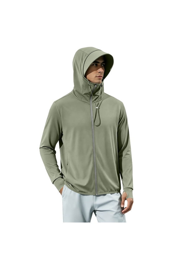 Mens Long Sleeve UPF 50+ Full Zip Hooded Sun Protection Jacket Built-In Visor Drawstring Lightweight Outdoor Athletic Coat
