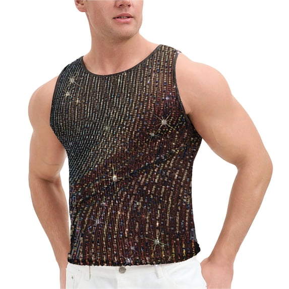 Kalauyu Mens Mesh Tank Top Vertical Striped Rhinestone Sleeveless See Through Party Shirt