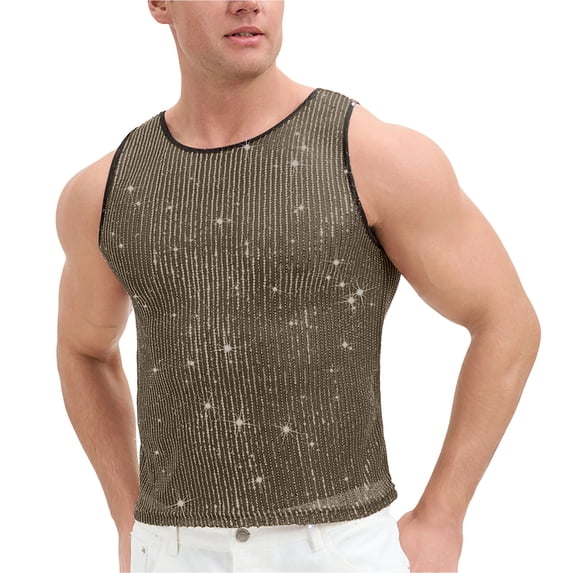 Kalauyu Mens Mesh Tank Top Vertical Striped Rhinestone Sleeveless See Through Party Shirt