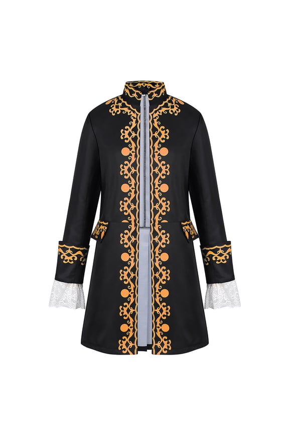 Mens Mid Long Costume Coat Colonial Print Stand Collar Lace Cuff Formal Jacket Formal Halloween Renaissance Cosplay Party Tailcoat