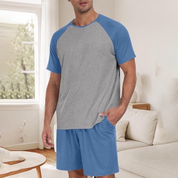 Kalauyu Mens Pajamas Set Lightweight Summer Pjs Sleepwear Soft Comfy Short Sleeve Loungewear Solid Color