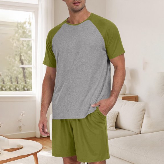 Kalauyu Mens Pajamas Set Lightweight Summer Pjs Sleepwear Soft Comfy Short Sleeve Loungewear Solid Color