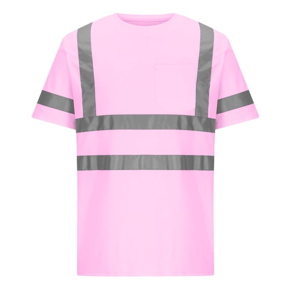 Kalauyu Mens Round Neck Neon Yellow Reflective Safety T-Shirt Unisex Work Top with Pocket Construction