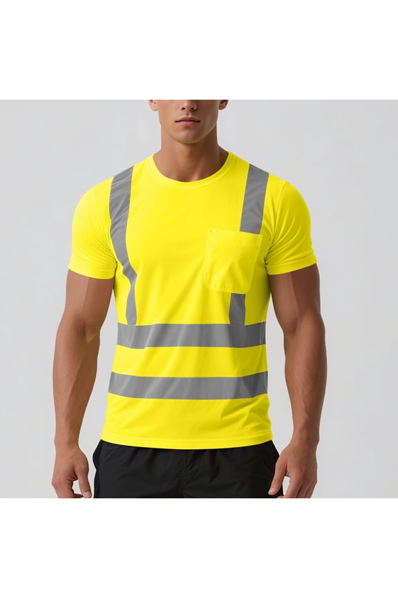 Mens Round Neck Neon Yellow Reflective Safety T-Shirt Unisex Work Top with Pocket Construction