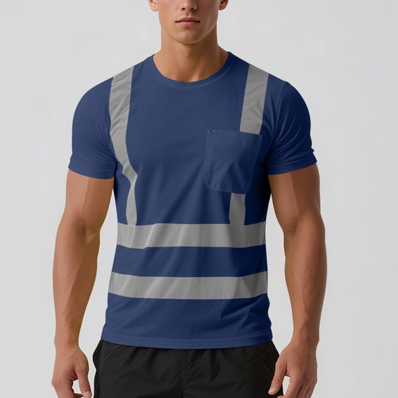 Kalauyu Mens Round Neck Neon Reflective Safety T-Shirt Unisex Work Top with Pocket Construction