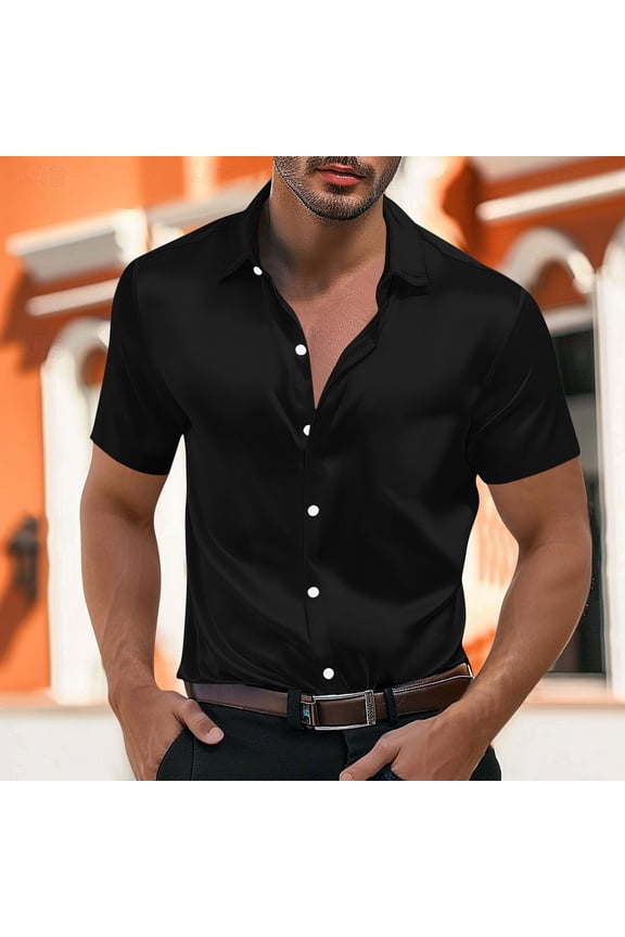 Mens Satin Silk Dress Shirts Casual Button Down Summer Short Sleeve Prom Party Wedding Shirt