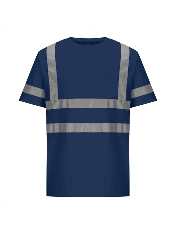 Mens Short Shirts Tops Round Neck Neon Reflective Safety T-Shirt Unisex Work Top with Pocket Construction