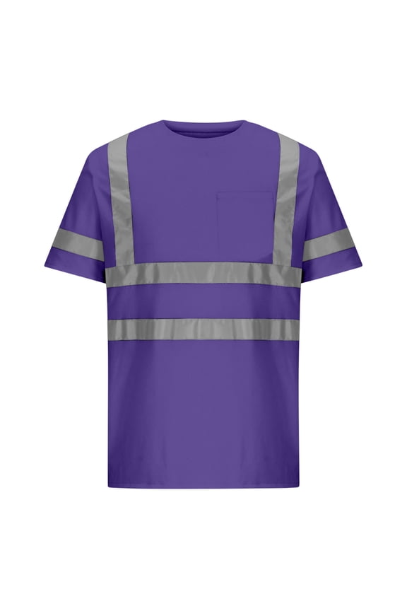 Mens Short Shirts Tops Round Neck Neon Yellow Reflective Safety T-Shirt Unisex Work Top with Pocket Construction