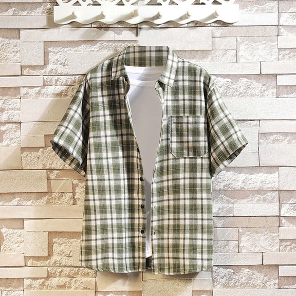 Kalauyu Mens Short Sleeve Button Down Shirts Wrinkle Free Dress Shirts Casual Plaid Print Shirt with Pocket