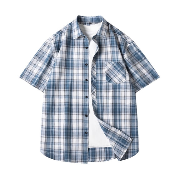 Kalauyu Mens Short Sleeve Button Down Shirts Wrinkle Loose Fit Shirts Casual Plaid Print Shirt with Pocket