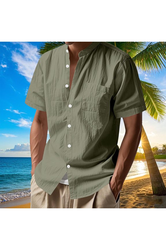 Mens Short Sleeve Linen Henley Shirts Casual Button Down Band Collar Shirt Summer Beach Wear with Pocket