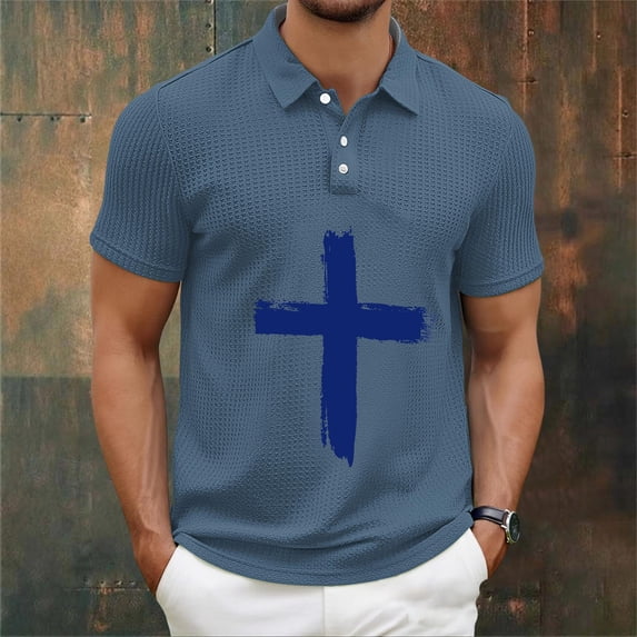 Kalauyu Mens Short Sleeve Turn Down Collar With Button T-Shirts Jesus Cross Printed Shirts