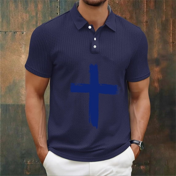 Kalauyu Mens Short Sleeve Turn Down Collar With Button T-Shirts Jesus Cross Printed Shirts