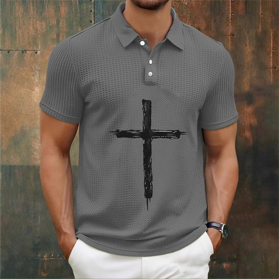 Kalauyu Mens Short Sleeve Turn Down Collar With Button T-Shirts Jesus Cross Printed Shirts