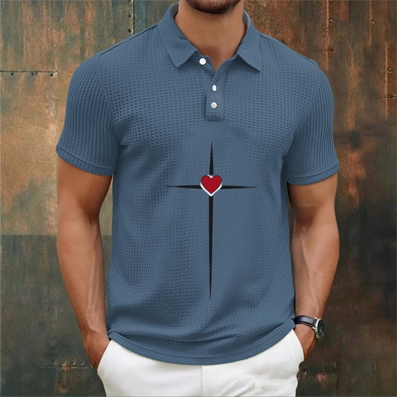 Kalauyu Mens Short Sleeve Turn Down Collar With Button T-Shirts Jesus Cross Printed Shirts