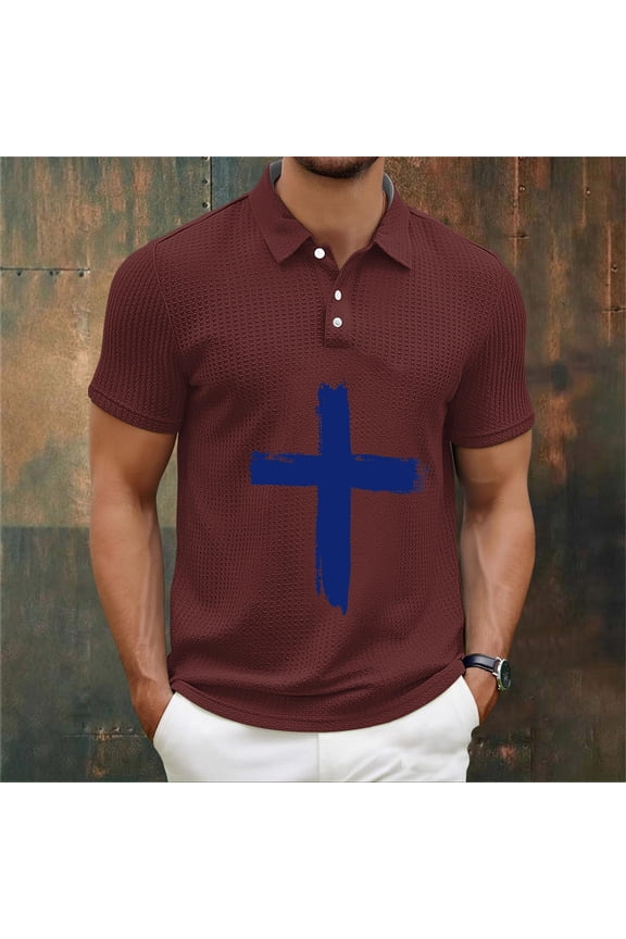Mens Short Sleeve Turn Down Collar With Button T-Shirts Jesus Cross Printed Shirts
