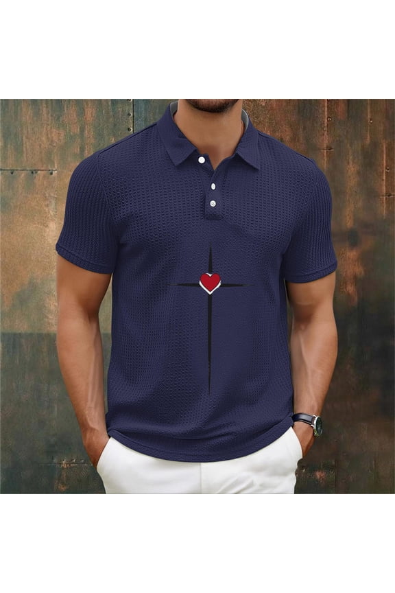 Mens Short Sleeve Turn Down Collar With Button T-Shirts Jesus Cross Printed Shirts