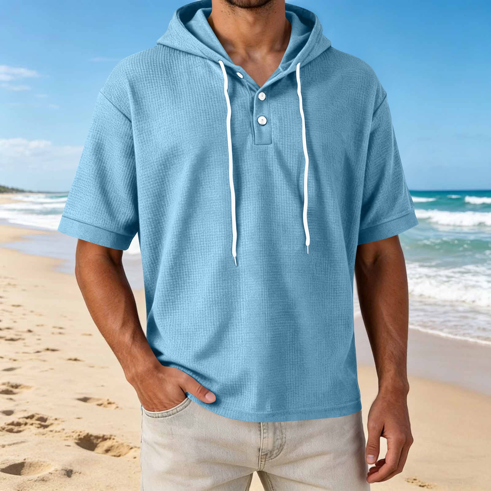 Kalauyu Mens Short Sleeve Waffle Knit Hooded Shirts Casual with