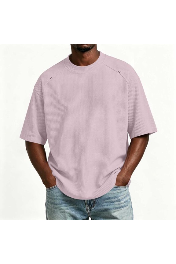 Mens Short Sleeve Waffle Knit T Shirts Casual Round Neck Loose Fit Tops Breathable Summer Solid Color Tees
