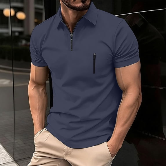 Kalauyu Mens Short Sleeve Zip Collar Shirts Zipper with Chest Pocket Collared Slim Casual Athletic Tees
