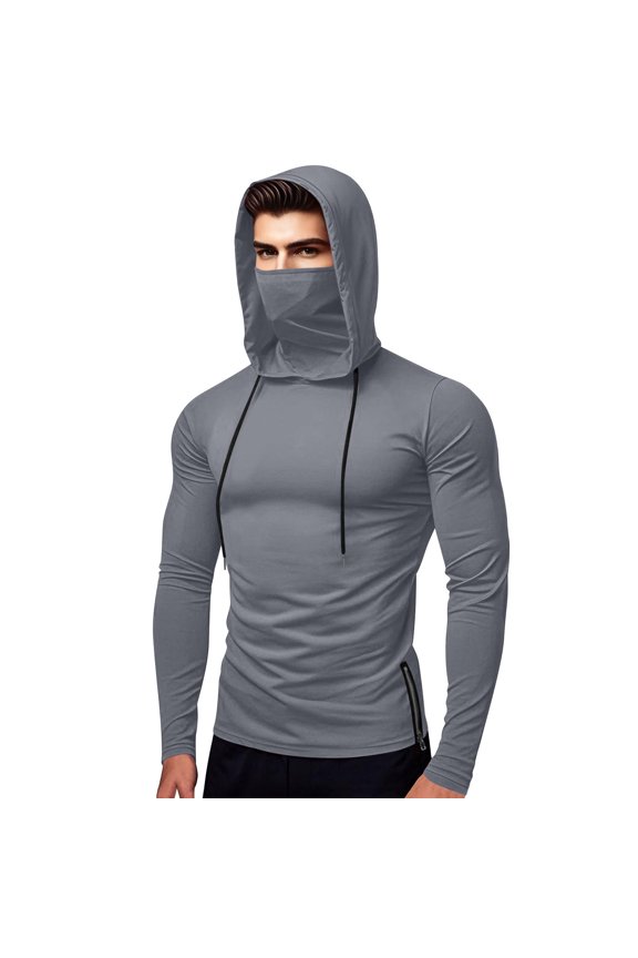Mens Slim Fit Zipper Pocket Hooded Face Cover Long Sleeve Athletic Tee for Outdoor Sports Top