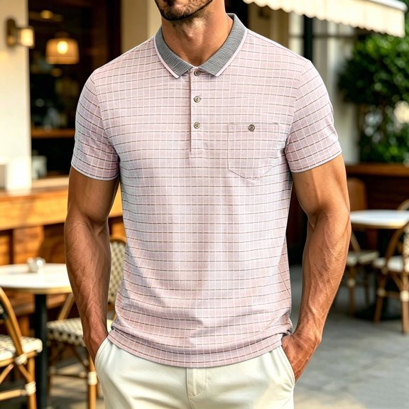 Kalauyu Mens Summer Short Sleeve Print Shirts Contrast Rib Turn Down Collar with Chest Pocket Breathable Knit Golf Tops