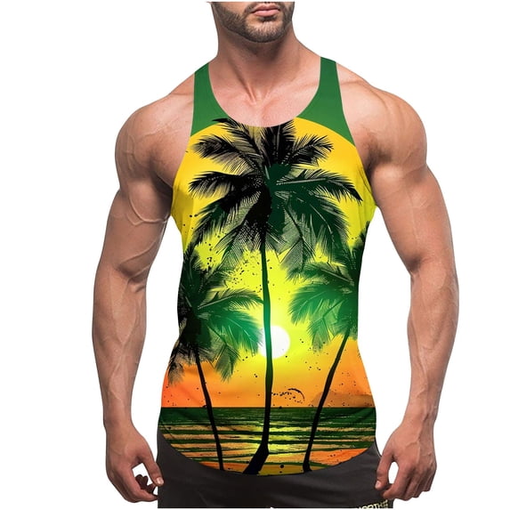 Kalauyu Mens Tank Tops Beach Summer Sleeveless Shirts Graphic Palm Tree Vacation Tanks Muscle Gym Tank Tops