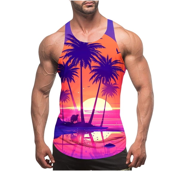 Kalauyu Mens Tank Tops Beach Summer Sleeveless Shirts Graphic Palm Tree Vacation Tanks Muscle Gym Tank Tops