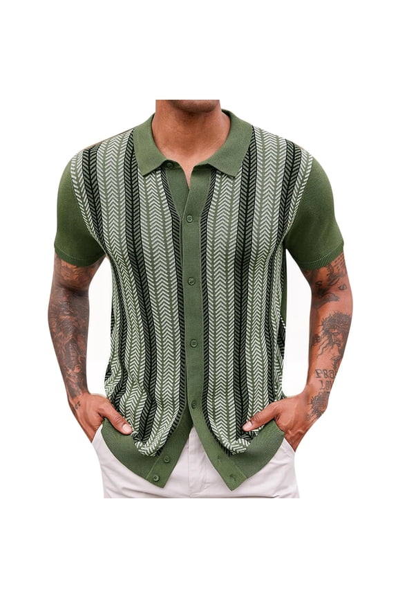Mens Turn Down Collar Shirts Short Sleeve Herringbone Striped Pattern Button Down Loose Fit Casual Knitted Shirt