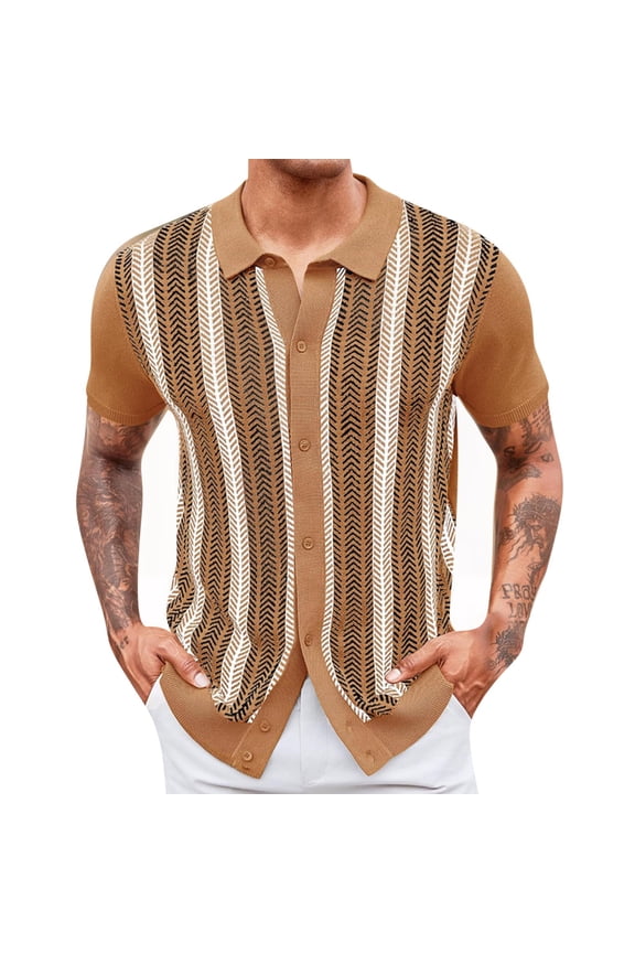 Mens Turn Down Collar Shirts Short Sleeve Herringbone Striped Pattern Button Down Loose Fit Casual Knitted Shirt