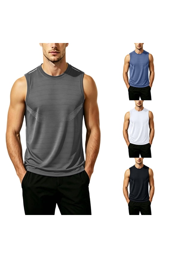 Mens Workout Sleeveless Tank Tops Round Neck Striped Reflective Quick Dry Moisture Wicking Running Sport Tops
