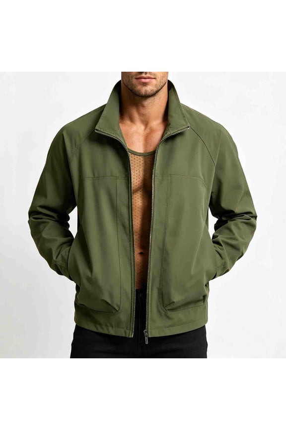 Mens Zipper Up Wind Jacket Breathable Stand Collar Water Resistant Casual Outerwear Windproof Travel Hiking Jacket with Side Pockets