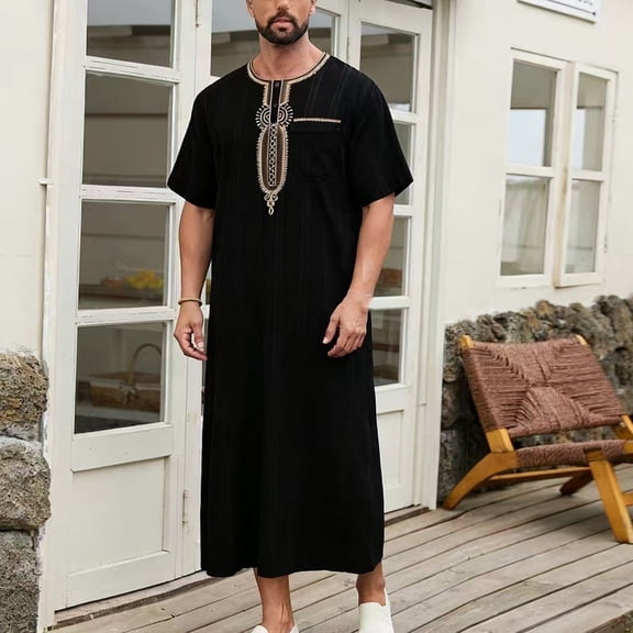 Kalauyu Muslim Robe for Men Arab Short Sleeve Kaftan Islamic Arabic Abaya Thobe Ramadan Middle East Islamic Cloth Shirt Gown
