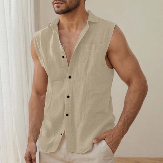 Kalauyu Relaxed Men's Cotton Linen Tank Top Collared Shirt - Tanks for Men Sleeveless Summer Easy Care Machine Washable, All-Day Comfort