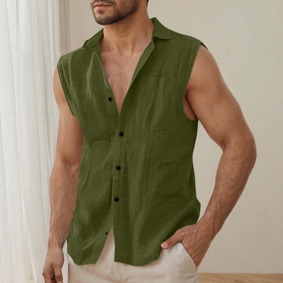 Kalauyu Relaxed Fit Men's Cotton Linen Tank Top Collared Shirt - Tanks for Men Sleeveless Summer Easy Care Machine Washable, All-Day Comfort