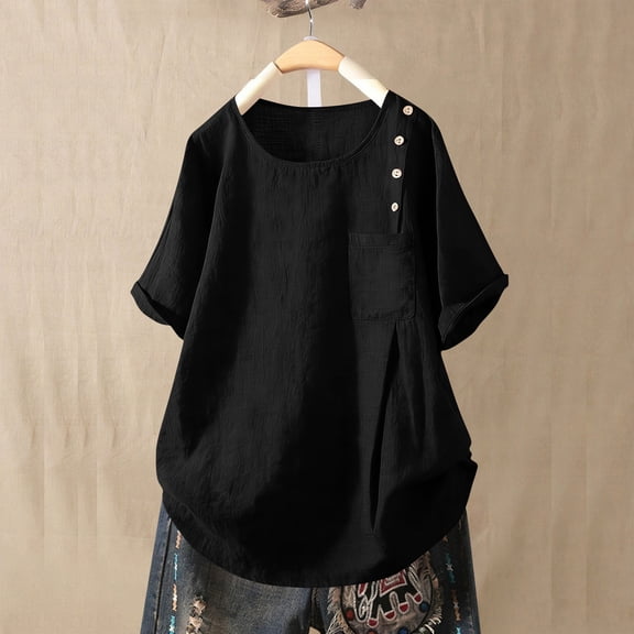 Kalauyu Round Neck Womens Short Sleeve Button Down Shirts Side Button Detail Pocket Flowy T Shirts