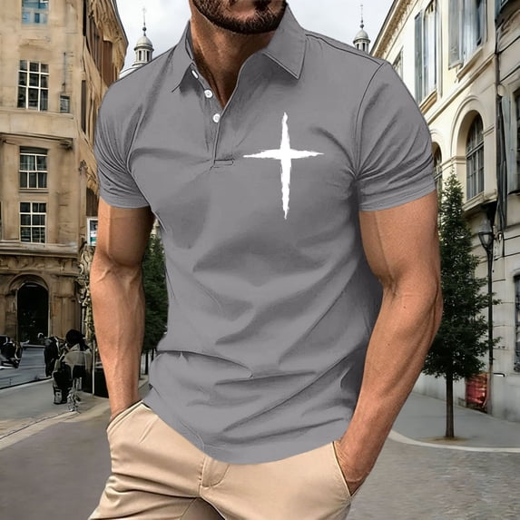 Kalauyu Shirts for Men Moisture Wicking Mens Summer Short Sleeve Collared Shirts Cross Graphic Tee