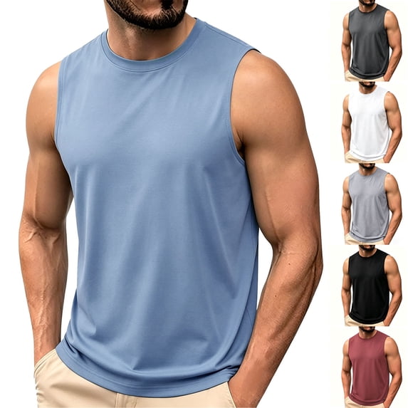 Kalauyu Sleeveless Gym Tank Tops for Men Round Neck Soft Smooth Breathable Loose Solid Color Summer Athletic Muscle Basic Tank Tops