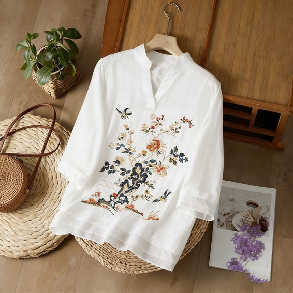 Kalauyu Stand Collar 3/4 Sleeve for Womens Linen Cotton Embroidered Henley Shirts Flowy Longline Tunic Top