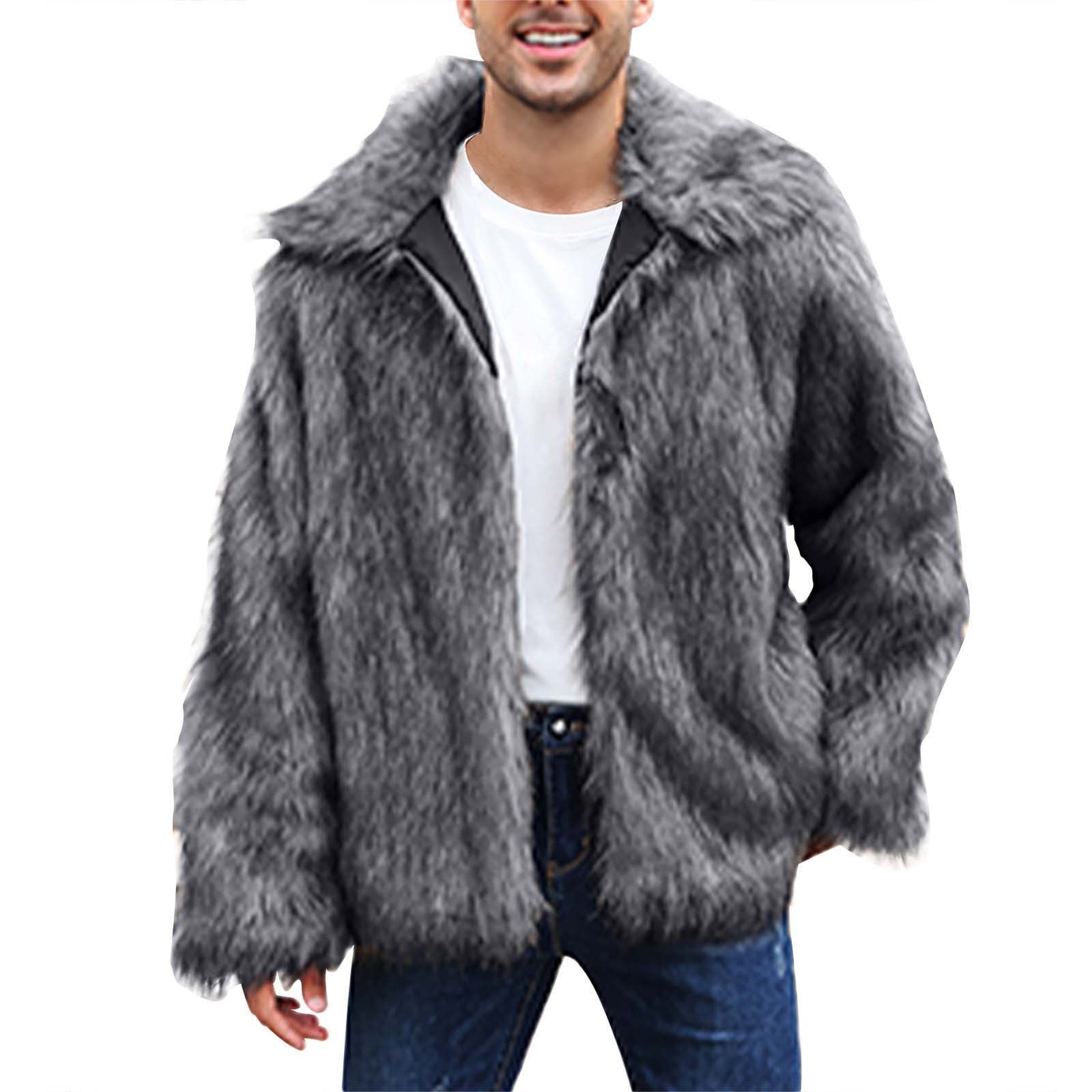 Kalauyu Men's Faux Furry Jacket Winter Warm Coat Lapel Long Sleeve