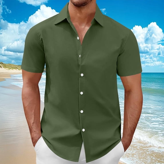 Kalauyu Turn Down Collar Short Sleeve for Men Casual Button Up Shirt with Short Sleeve Regular Fit Solid Dress Shirt